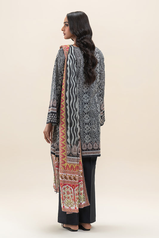 3 PIECE PRINTED LAWN SUIT-RAVEN MESH (UNSTITCHED)