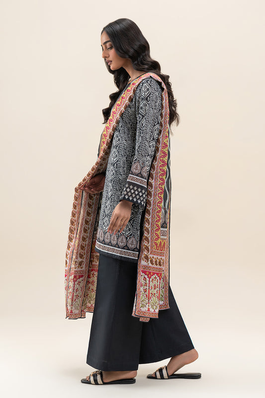 3 PIECE PRINTED LAWN SUIT-RAVEN MESH (UNSTITCHED)