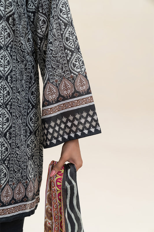 3 PIECE PRINTED LAWN SUIT-RAVEN MESH (UNSTITCHED)