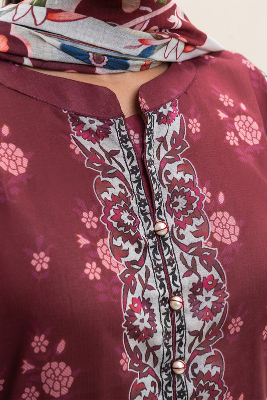 3 PIECE PRINTED LAWN SUIT-GARNET BLISS (UNSTITCHED)