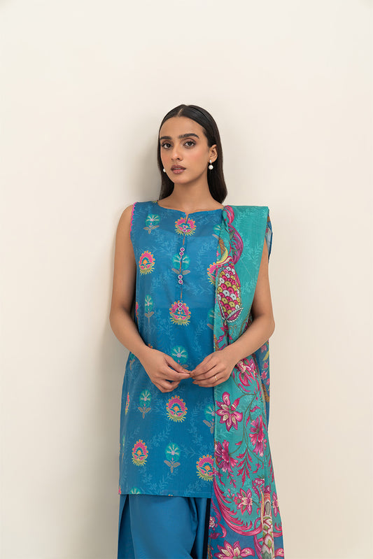 3 PIECE PRINTED LAWN SUIT-AZURE MELLOW (UNSTITCHED)