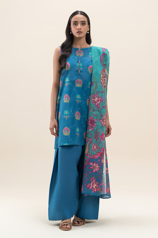 3 PIECE PRINTED LAWN SUIT-AZURE MELLOW (UNSTITCHED)