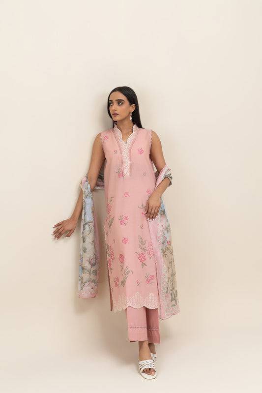 3 PIECE EMBROIDERED LAWN SUIT-FLORET PINK (UNSTITCHED)
