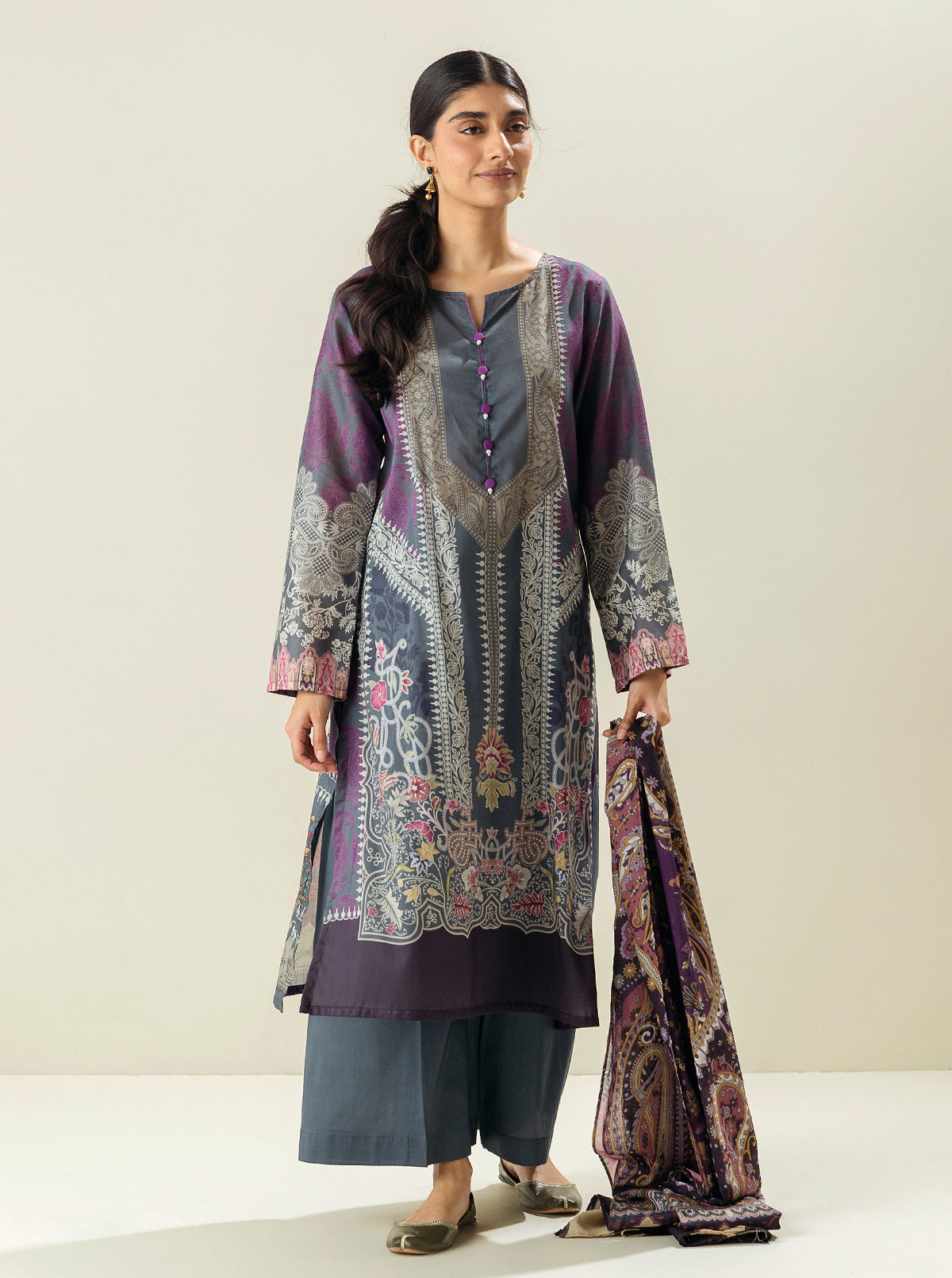 3 PIECE - PRINTED LAWN SUIT - ROYAL FORM MORBAGH SU_23   