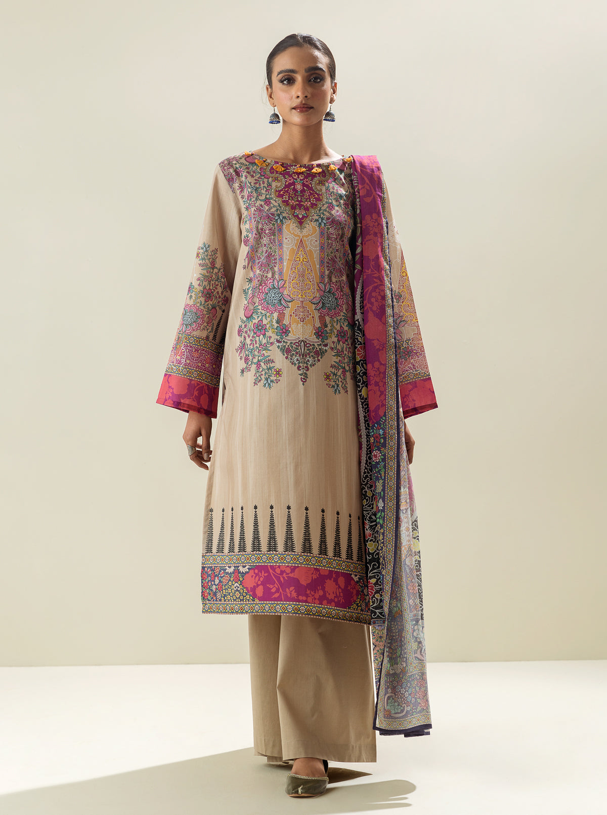 3 PIECE - PRINTED LAWN SUIT - ROYALTY BEIGE MORBAGH SU_23   