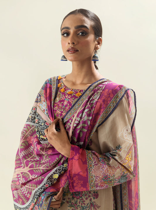 3 PIECE - PRINTED LAWN SUIT - ROYALTY BEIGE MORBAGH SU_23   