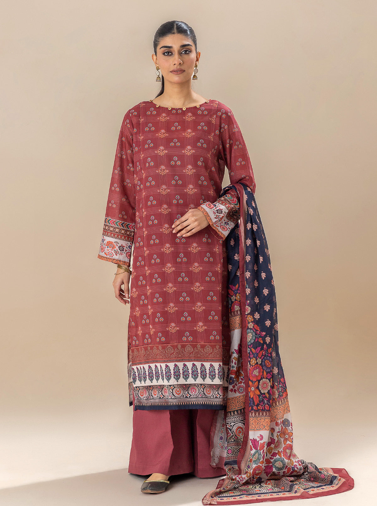3 PIECE PRINTED LAWN SUIT-ROYALTY RED BT-MORBAGH SU_24   