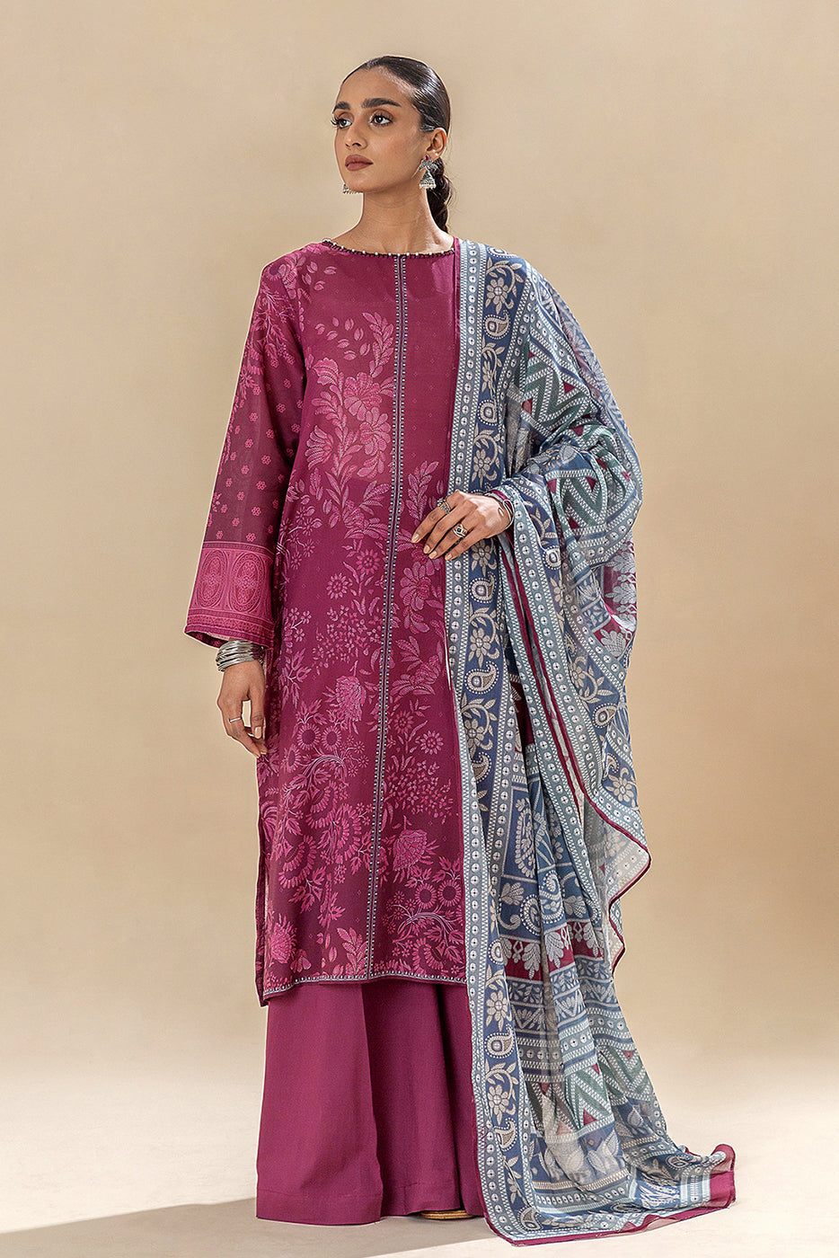 3 PIECE PRINTED LAWN SUIT-WINE WARMTH (UNSTITCHED)