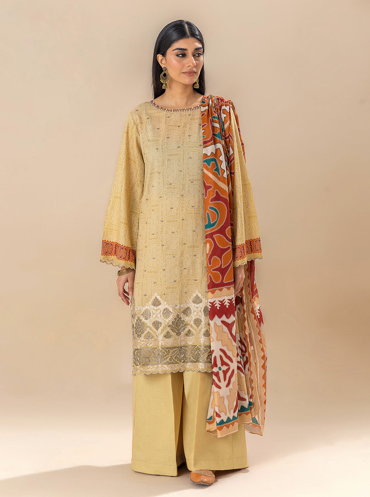 3 PIECE EMBROIDERED LAWN SUIT-OCHRE VOOM BT-MORBAGH SU_24   