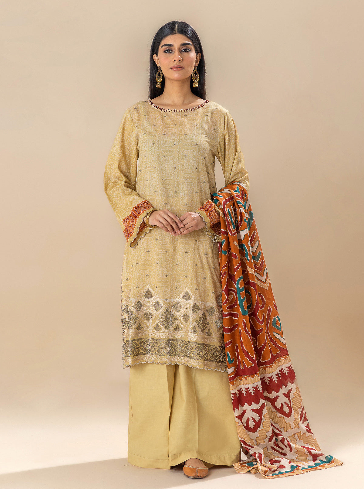 3 PIECE EMBROIDERED LAWN SUIT-OCHRE VOOM BT-MORBAGH SU_24   