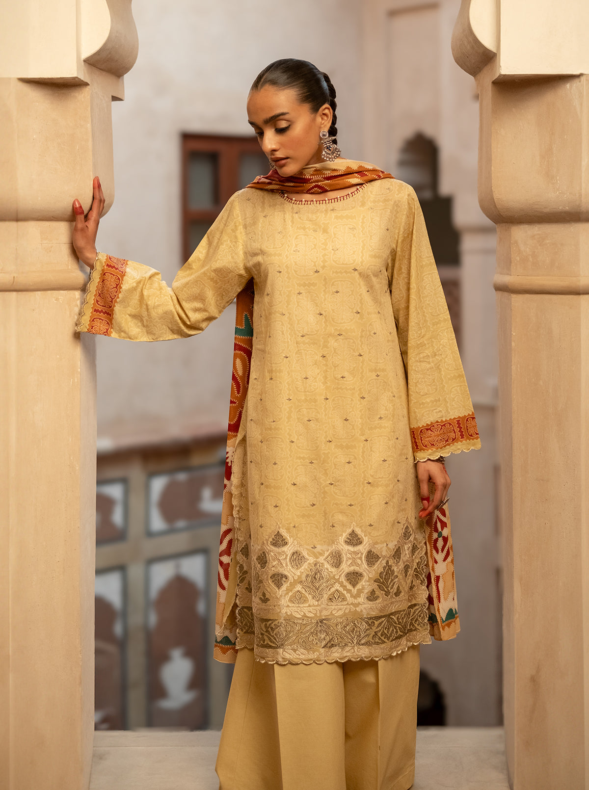 3 PIECE EMBROIDERED LAWN SUIT-OCHRE VOOM BT-MORBAGH SU_24   
