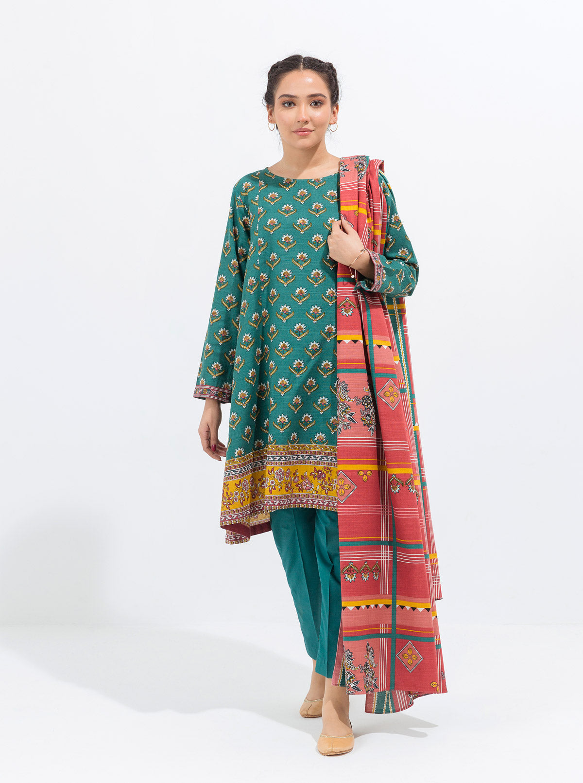 3 PIECE - PRINTED KHADDAR SUIT - HAZY TEAL MORBAGH WN_21   