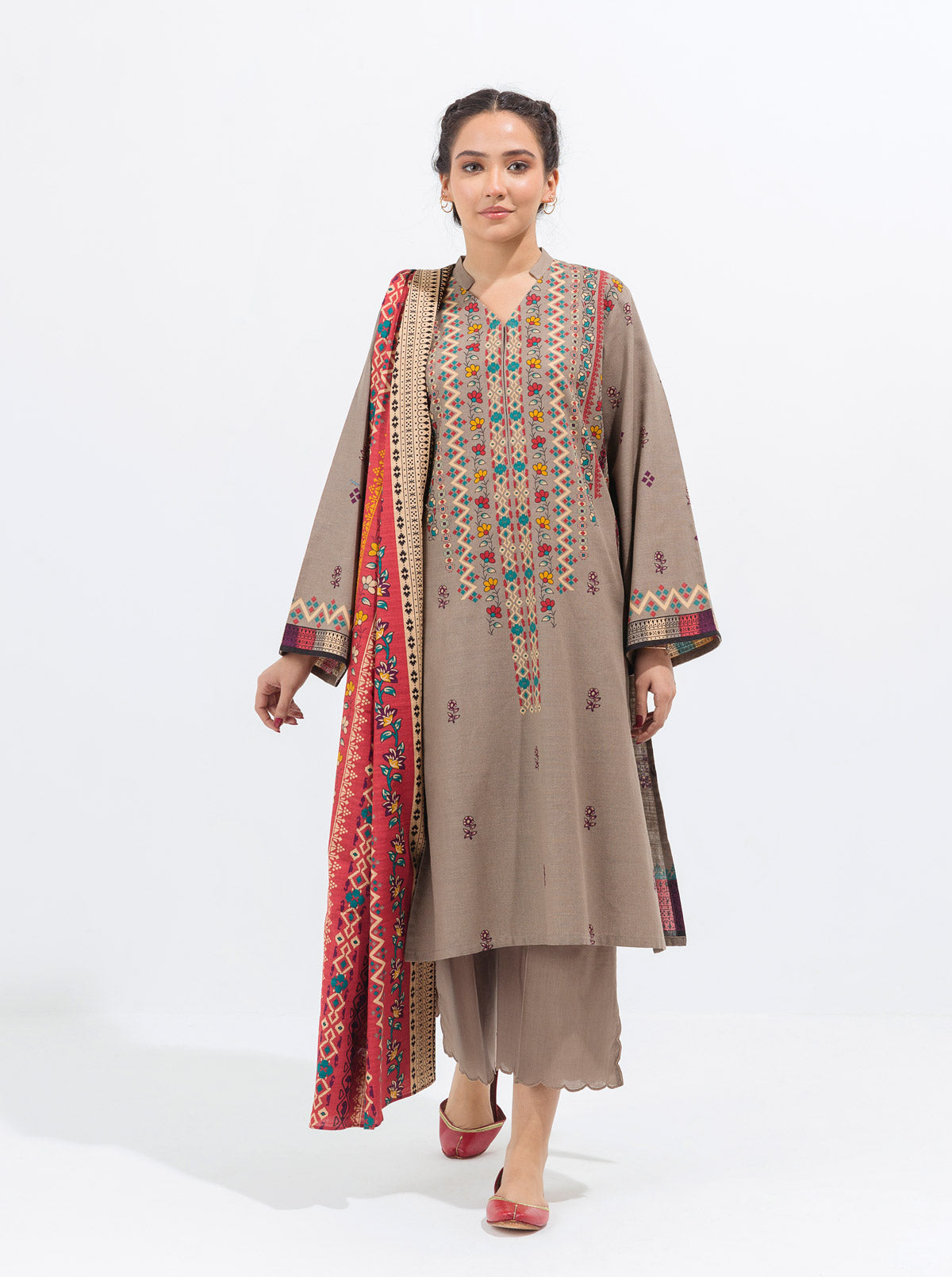 3 PIECE - PRINTED KHADDAR SUIT - TAUPE HUES MORBAGH WN_21   