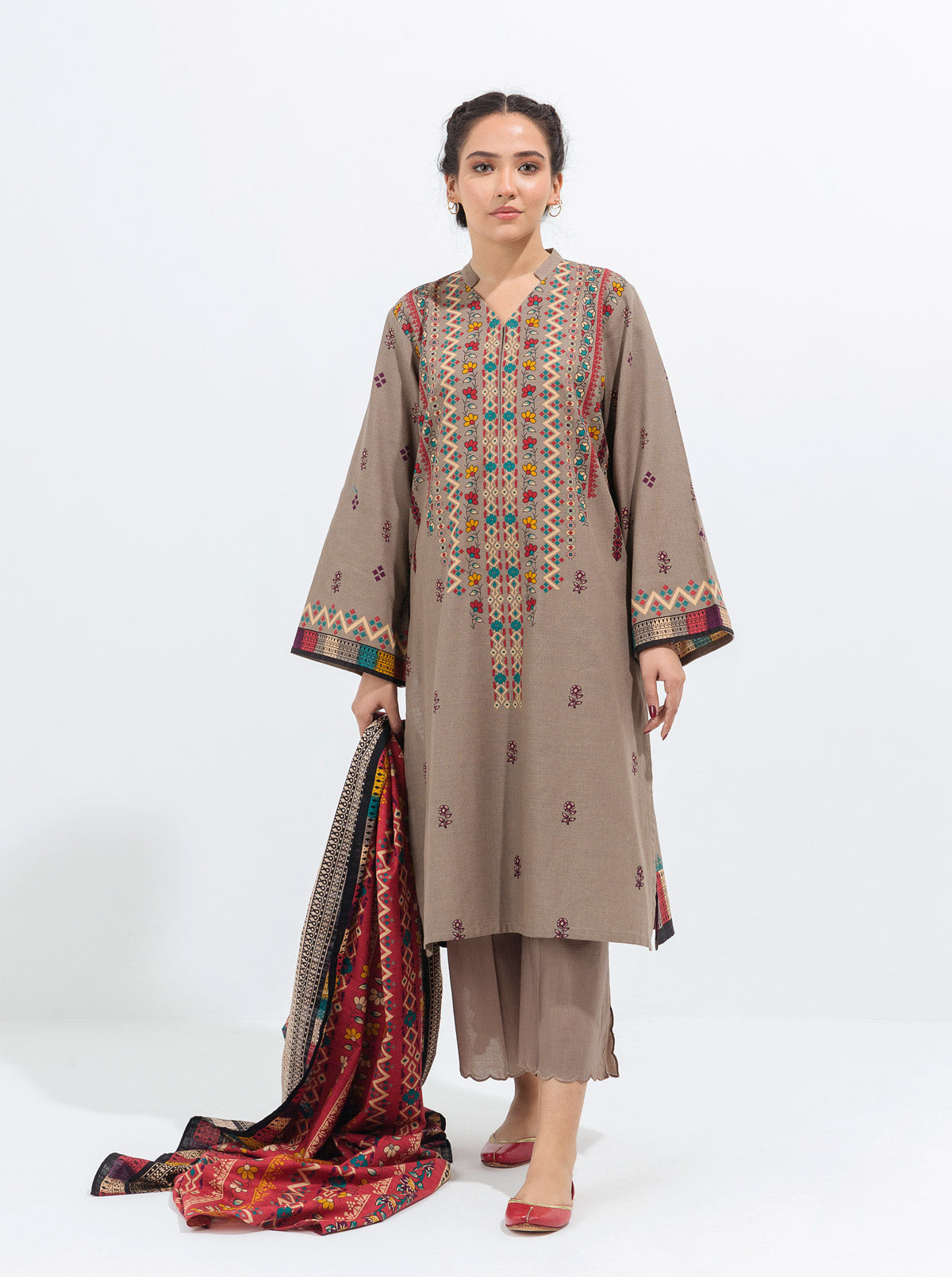 3 PIECE - PRINTED KHADDAR SUIT - TAUPE HUES MORBAGH WN_21   