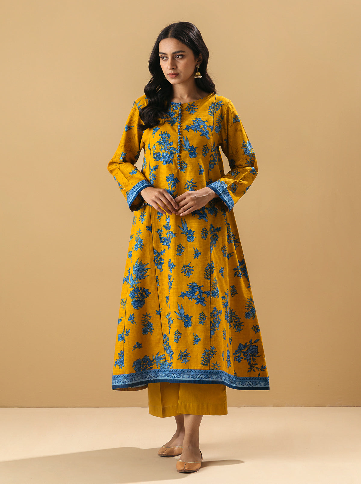 2 PIECE - PRINTED KHADDAR SUIT - MUSTARD ROBIN MORBAGH WN_22   