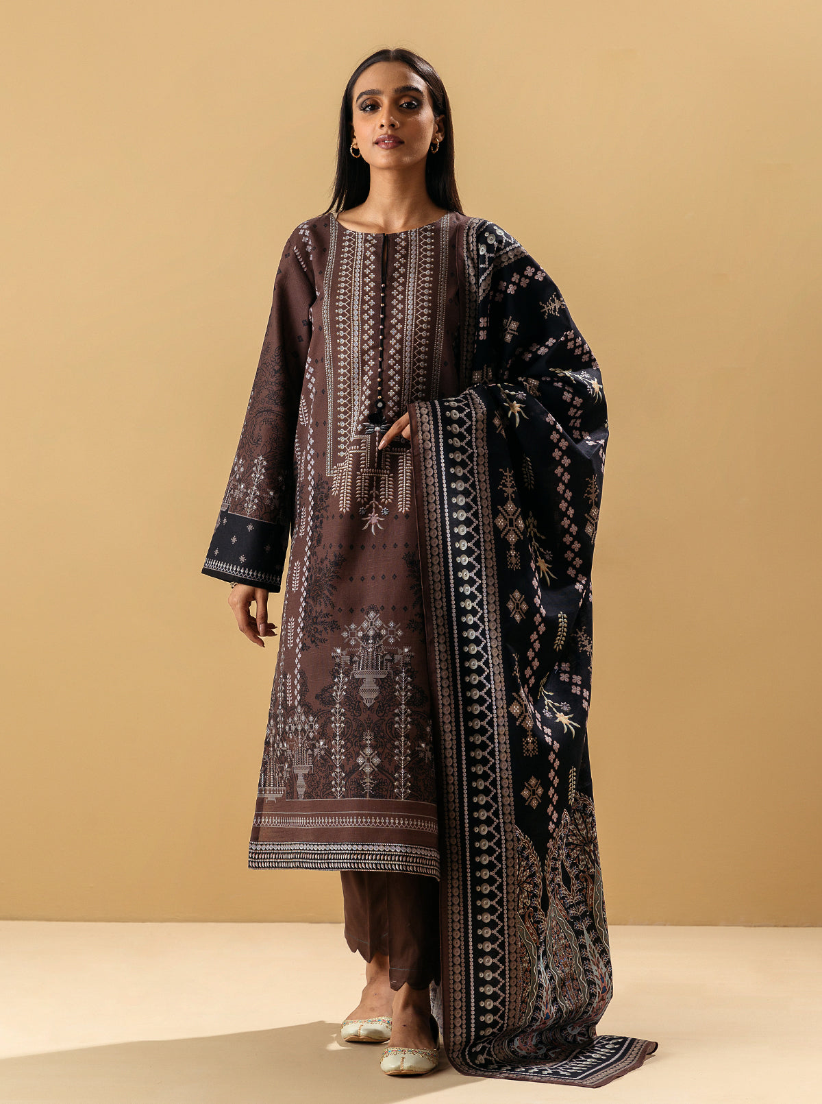 3 PIECE - PRINTED KHADDAR SUIT - WARM HUES MORBAGH WN_22   