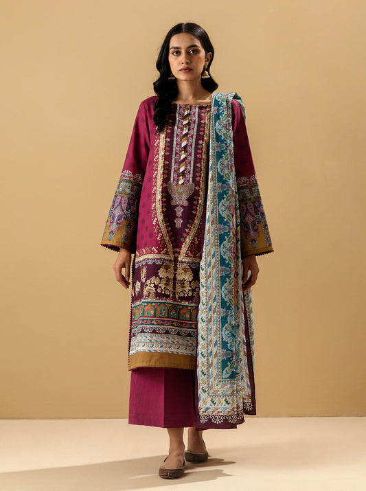 3 PIECE - PRINTED KHADDAR SUIT - PLUM ROCOCO MORBAGH WN_22   