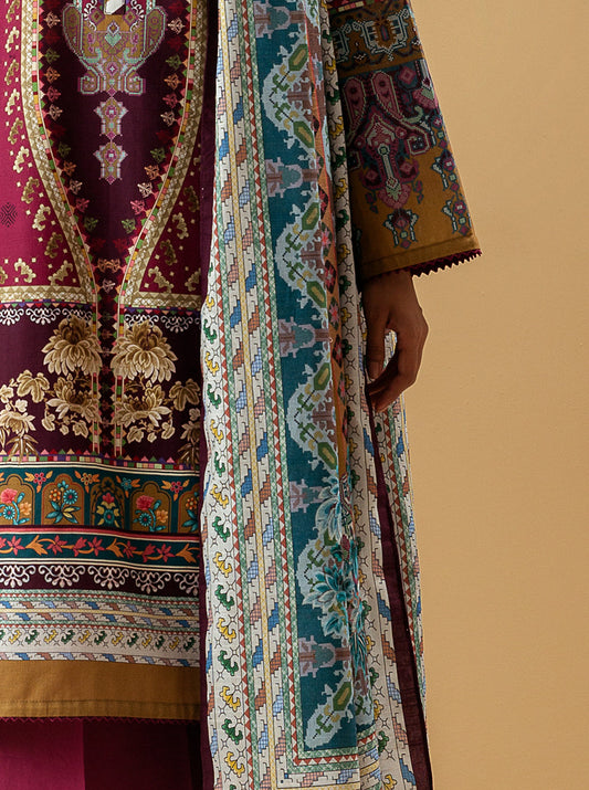 3 PIECE - PRINTED KHADDAR SUIT - PLUM ROCOCO MORBAGH WN_22   