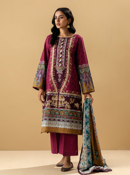 3 PIECE - PRINTED KHADDAR SUIT - PLUM ROCOCO MORBAGH WN_22   