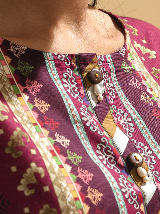 3 PIECE - PRINTED KHADDAR SUIT - PLUM ROCOCO MORBAGH WN_22   