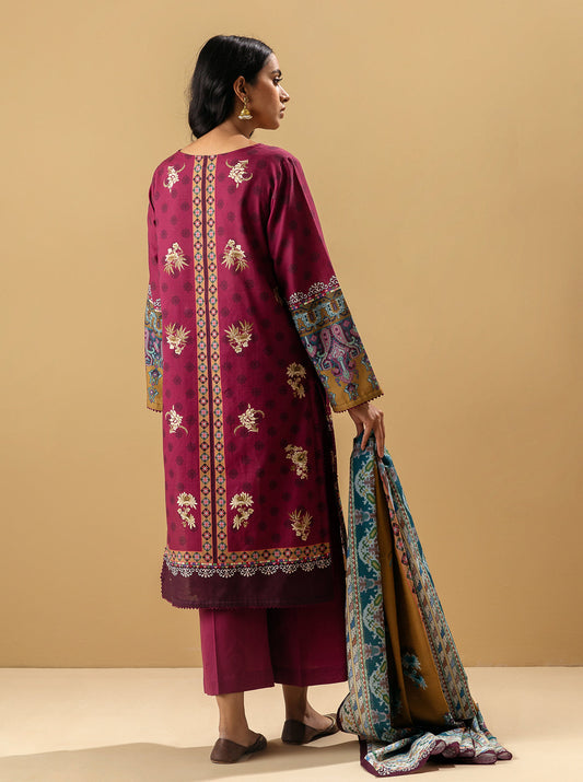 3 PIECE - PRINTED KHADDAR SUIT - PLUM ROCOCO MORBAGH WN_22   