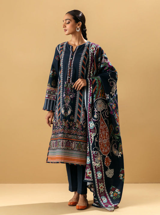 3 PIECE - PRINTED KHADDAR SUIT - FADED DENIM MORBAGH WN_22   