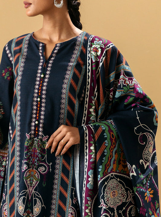 3 PIECE - PRINTED KHADDAR SUIT - FADED DENIM MORBAGH WN_22   