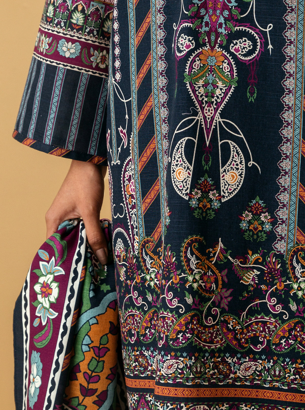3 PIECE - PRINTED KHADDAR SUIT - FADED DENIM MORBAGH WN_22   