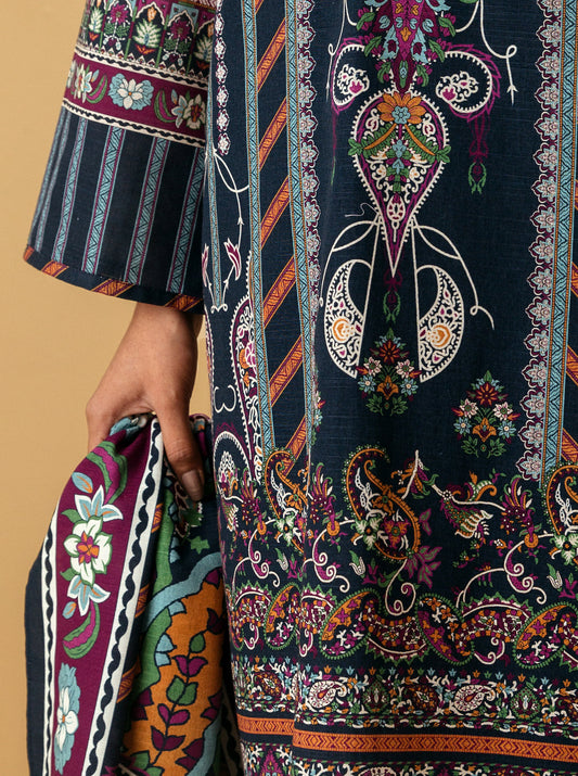 3 PIECE - PRINTED KHADDAR SUIT - FADED DENIM MORBAGH WN_22   