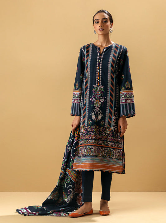 3 PIECE - PRINTED KHADDAR SUIT - FADED DENIM MORBAGH WN_22   