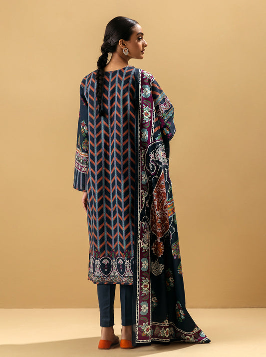 3 PIECE - PRINTED KHADDAR SUIT - FADED DENIM MORBAGH WN_22   