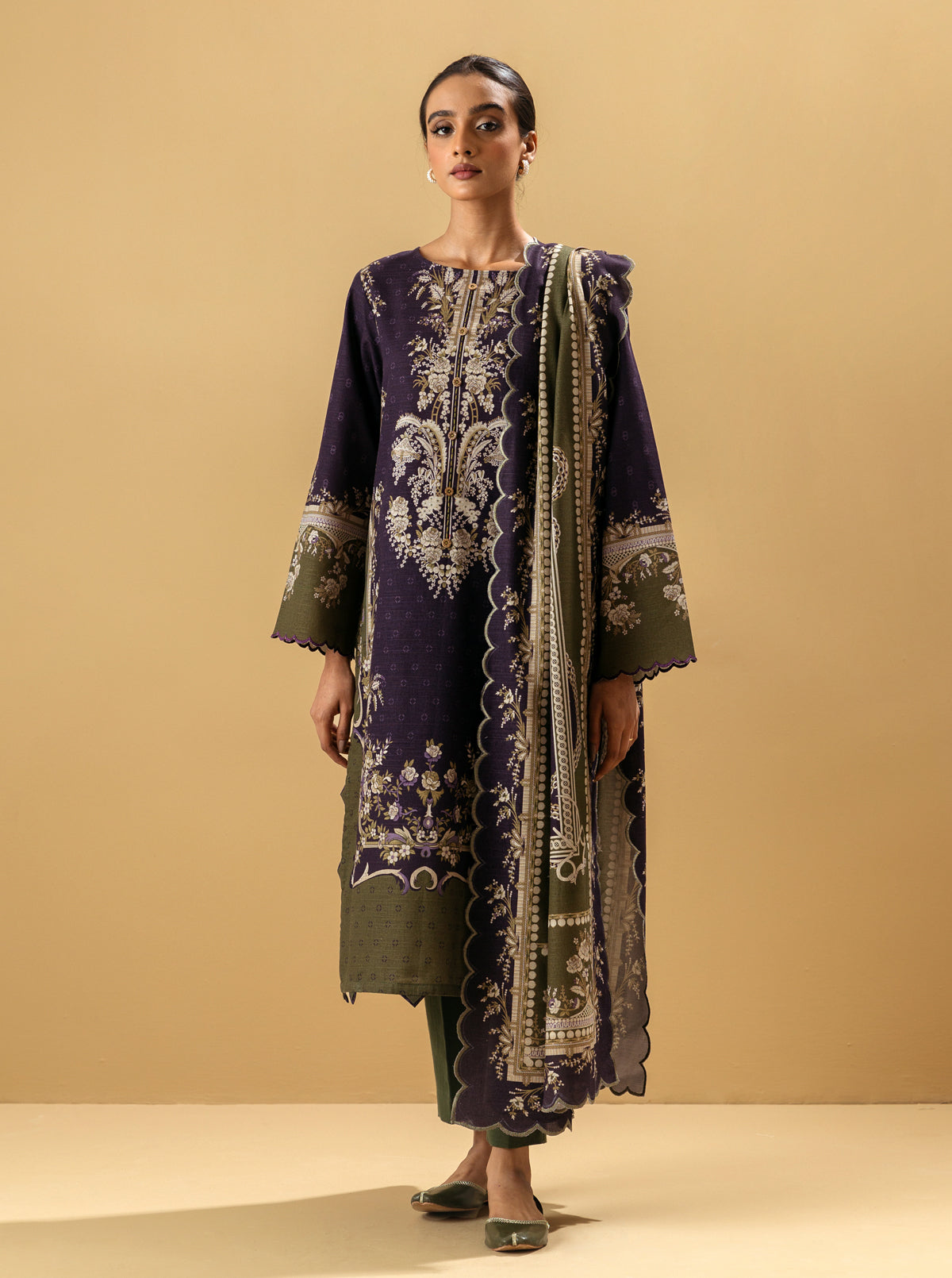 3 PIECE - PRINTED KHADDAR SUIT - BYZANTINE OLIVE MORBAGH WN_22   