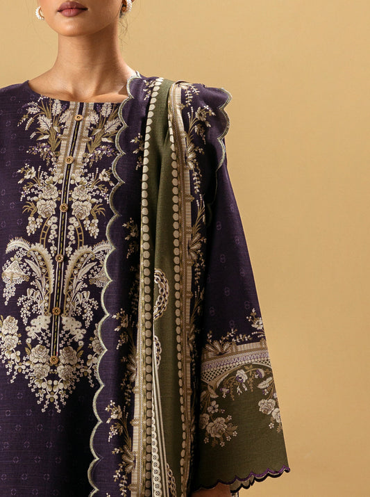 3 PIECE - PRINTED KHADDAR SUIT - BYZANTINE OLIVE MORBAGH WN_22   