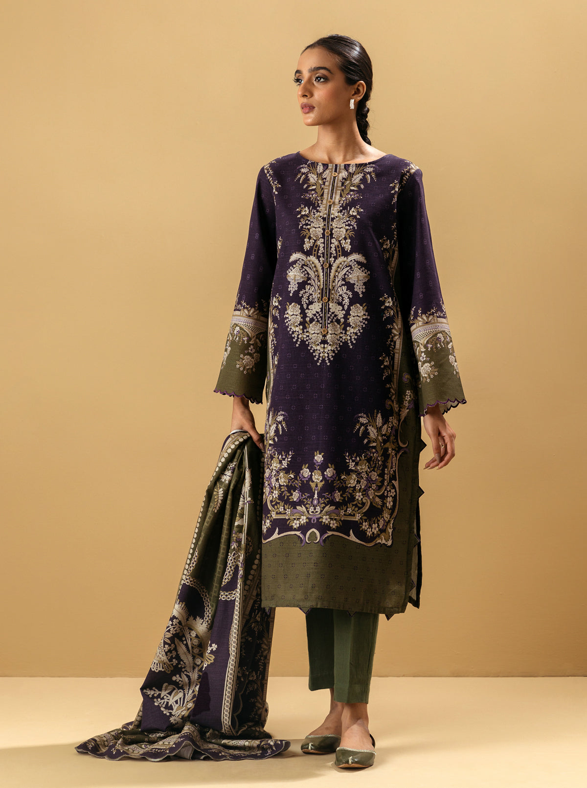 3 PIECE - PRINTED KHADDAR SUIT - BYZANTINE OLIVE MORBAGH WN_22   