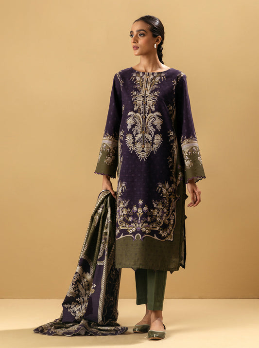3 PIECE - PRINTED KHADDAR SUIT - BYZANTINE OLIVE MORBAGH WN_22   