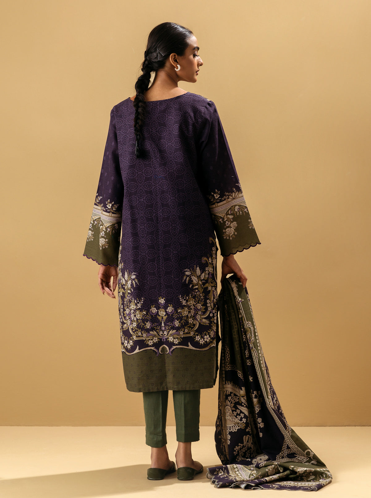 3 PIECE - PRINTED KHADDAR SUIT - BYZANTINE OLIVE MORBAGH WN_22   