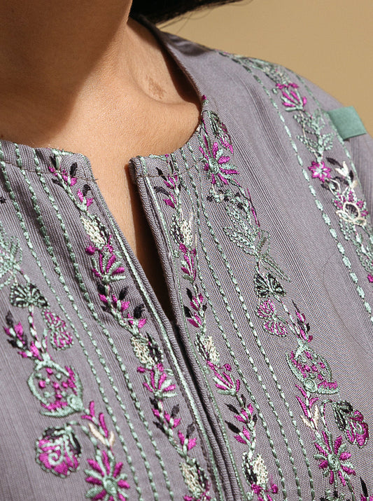 3 PIECE - EMBROIDERED KHADDAR SUIT - FROST GRAY MORBAGH WN_22   