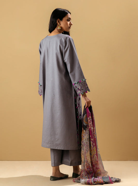 3 PIECE - EMBROIDERED KHADDAR SUIT - FROST GRAY MORBAGH WN_22   