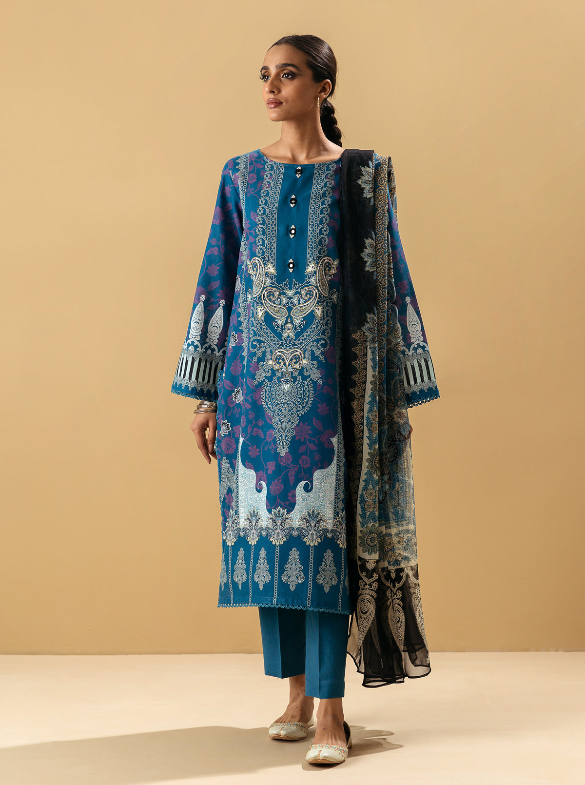 3 PIECE - PRINTED KHADDAR SUIT - BLUE PEACOCK MORBAGH WN_22   