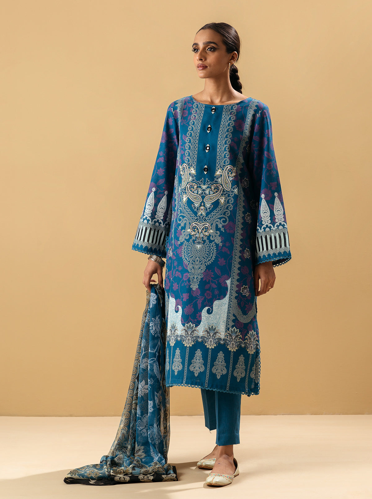 3 PIECE - PRINTED KHADDAR SUIT - BLUE PEACOCK MORBAGH WN_22   