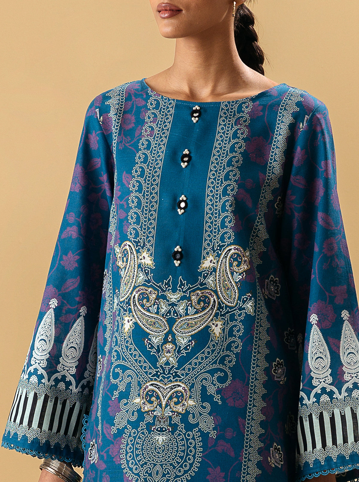 3 PIECE - PRINTED KHADDAR SUIT - BLUE PEACOCK MORBAGH WN_22   