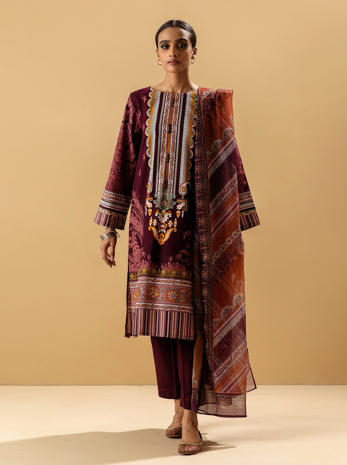 3 PIECE - PRINTED KHADDAR SUIT - IMPERIAL RUBY MORBAGH WN_22   