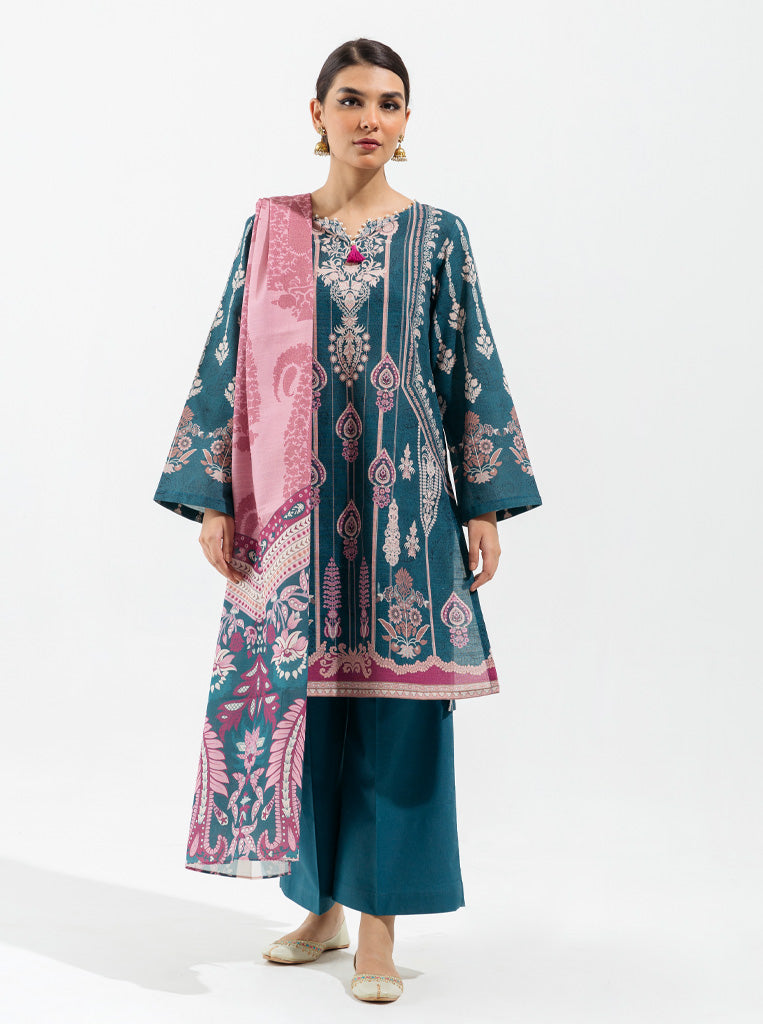 3 PIECE - PRINTED KHADDAR SUIT - ROYAL GREEN MORBAGH WN_22   