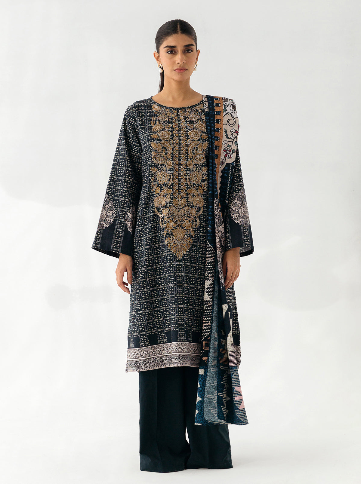 2 PIECE EMBROIDERED KHADDAR SUIT-NIGHTY SILVER (UNSTITCHED)