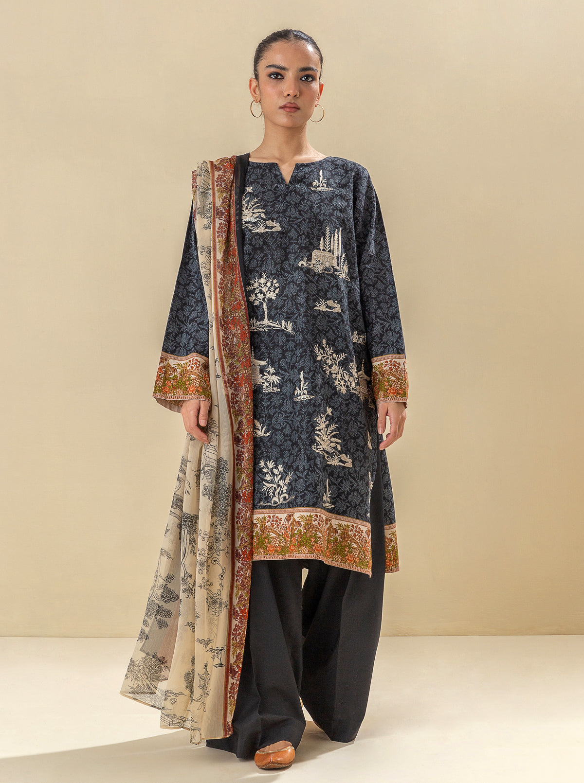 3 PIECE - EMBROIDERED  KHADDAR SUIT - TUXEDO BLACK MORBAGH WN_23   