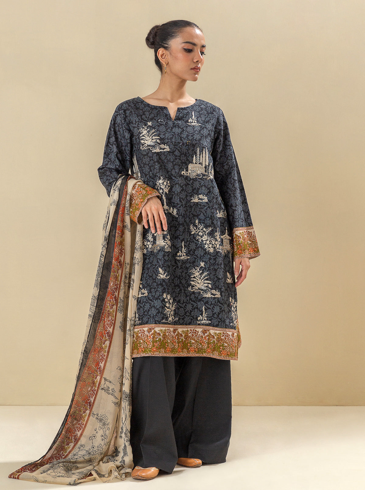 3 PIECE - EMBROIDERED  KHADDAR SUIT - TUXEDO BLACK MORBAGH WN_23   