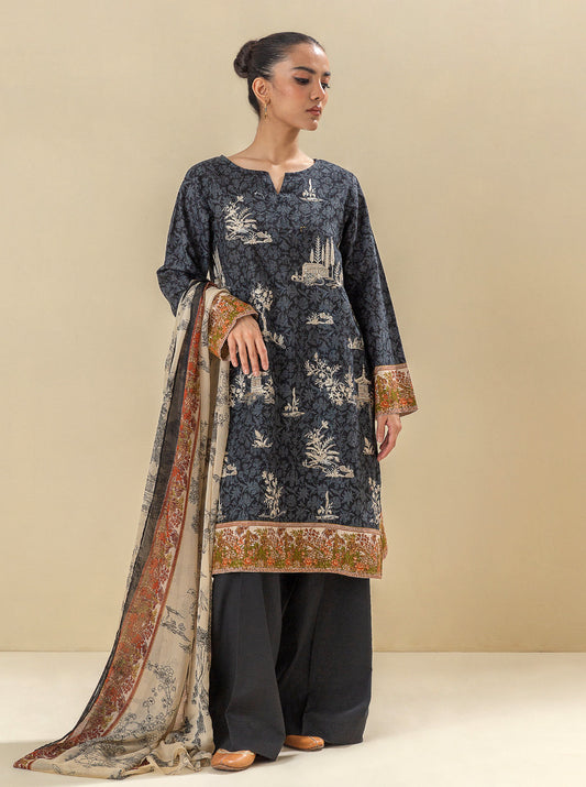 3 PIECE - EMBROIDERED  KHADDAR SUIT - TUXEDO BLACK MORBAGH WN_23   