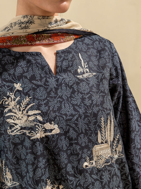 3 PIECE - EMBROIDERED  KHADDAR SUIT - TUXEDO BLACK MORBAGH WN_23   