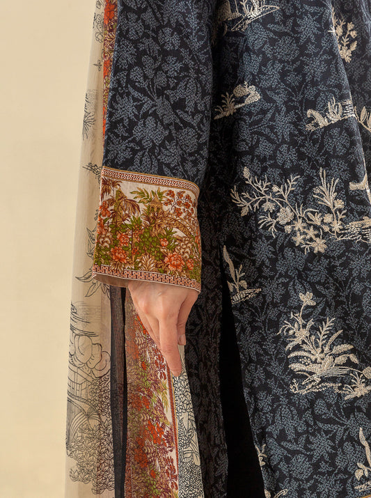 3 PIECE - EMBROIDERED  KHADDAR SUIT - TUXEDO BLACK MORBAGH WN_23   