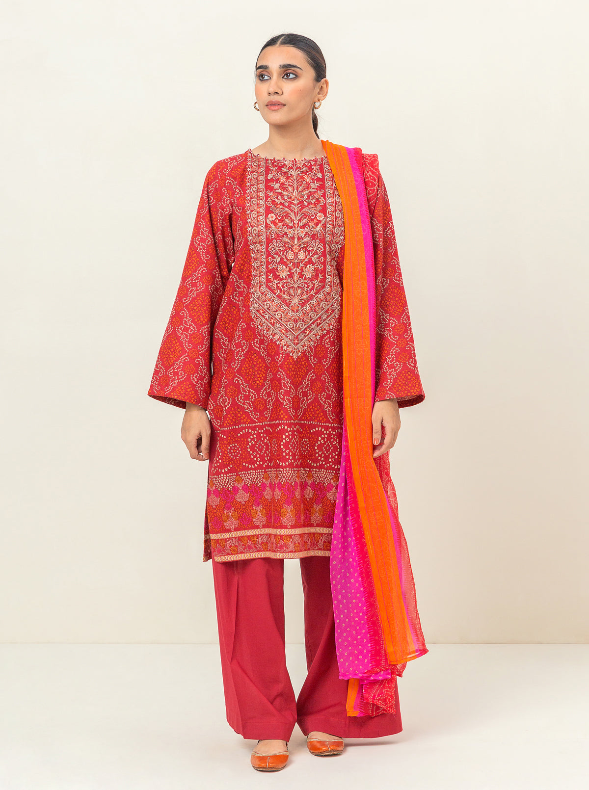 3 PIECE - EMBROIDERED KHADDAR SUIT - CRANBERRY CRUSH MORBAGH WN_23   